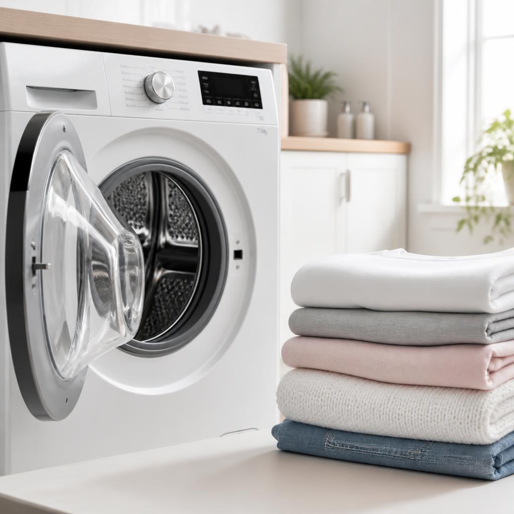 Machine à laver et linge propre plié